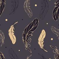Vintage flying golden feathers Graceful pattern in sketch style on a dark background. For wallpaper, printing on fabric, wrapping, background vector
