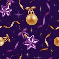 Christmas ornament balls, garlands, satin bows and stars. Vector illustration, seamless pattern, realistic style. In purple and gold tones. For wallpaper, printing on fabric, wrapping, background