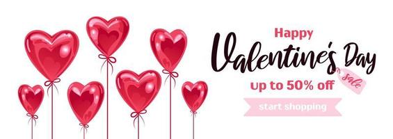 Horizontal banner for Valentines Day. shiny realistic balloons in the shape of a heart. On white background. For advertising banner, website, sale flyer vector