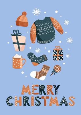 Vector Christmas illustration of winter warm clothes. Hats, socks, ugly Christmas sweater, jumper. Mug with cocoa. In earthy blue shades. For stickers, posters, postcards, design elements