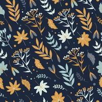 Seamless autumn pattern with leaves, herbs and flowers in earthy tones on a dark background, flat style. For wallpaper, printing on fabric, wrapping, background, clothes. vector