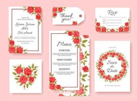 un conjunto de elegantes plantillas brillantes para la boda. rosas rojas. para invitación, rsvp, guardar la fecha, marcos, postales en estilo vintage, elementos de diseño. vector