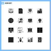 Set of 16 Modern UI Icons Symbols Signs for world card mobile card protection hook Editable Vector Design Elements