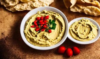 comida sana. hummus orgánico tradicional recién hecho. foto