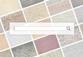 Visualization of the search bar on the background of a collage of many pictures with fragments of brick walls of different colors close-up. Set of images with varieties of brickwork photo