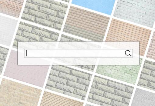 visualización de la barra de búsqueda en el fondo de un collage de muchas imágenes con fragmentos de paredes de ladrillo de diferentes colores en primer plano. conjunto de imágenes con variedades de ladrillo foto