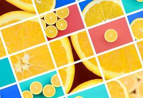 A collage of many pictures with juicy oranges. Set of images with fruits on backgrounds of different colors photo