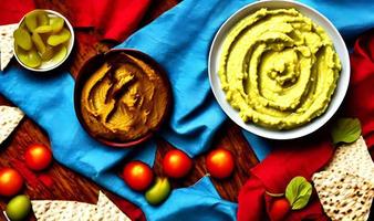 Healthy food. Traditional freshly made organic hummus. photo