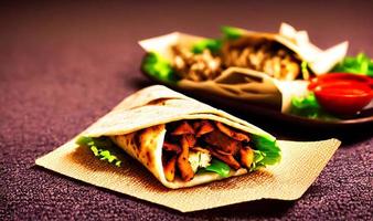 Shawarma. Doner kebab, fresh vegetables and meat. Kebab sandwich close up. photo