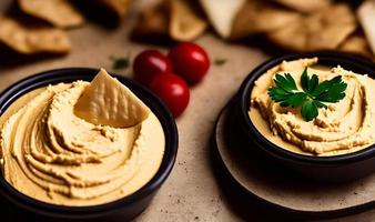 comida sana. hummus orgánico tradicional recién hecho. foto