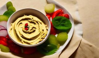 Healthy food. Traditional freshly made organic hummus. photo