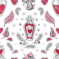 Bright modern pattern for Valentines Day. Boiling magic witch love potion in vial, heart shaped steam, star magic mushrooms. For wallpaper, printing on fabric, wrapping vector