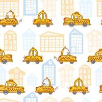 Funny cartoon yellow vintage taxi rides on the road in the city among the houses. Childrens cartoon in scandinavian style. For boys, nursery, wallpaper, stuffing fabric, packaging vector