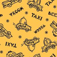 coches de taxi amarillo vintage de patrones sin fisuras. ilustración de vector de garabato para niños en un estilo escandinavo. transporte, máquina. para niños, guardería, papel pintado, tela, embalaje, fondo.