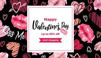 Horizontal banner for Valentines Day. Lips in a watercolor style, hearts lettering kiss. Daring bright modern pattern, graffiti. On black background. For advertising banner, website, sale flyer. vector