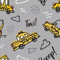 Cute cartoon yellow retro taxis are flying among the clouds on a gray background. Childrens cartoon illustration in doodle style. For boys, nursery, wallpaper, printing fabric, wrapping. vector