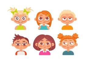 conjunto de caras de niños de diferentes etnias. emociones negativas positivas. tristeza, felicidad, apatía, ira, alegría, picardía. para pegatinas, avatar, elementos de diseño. en estilo de dibujos animados. vector