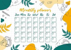 Monthly planner. Template design, important dates. Schedule for printing, calendar for study or work. transporter, backpack, test tubes and a notebook. Bright modern sketch style illustration. vector