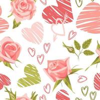 Valentines Day. Hearts and roses. Bold modern pattern, graffiti. Bright vector illustrations with grunge textures in a sketch style. For wallpaper, printing on fabric, wrapping, background