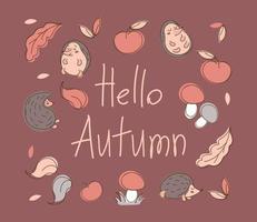 Cute autumn illustration. Hello autumn. With hedgehogs, leaves, apple and mushrooms on dark background. In trendy earthy shades. For posters, postcards, banners vector