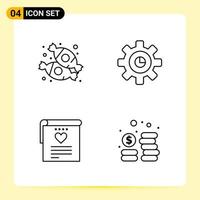 4 íconos creativos para el diseño moderno de sitios web y aplicaciones móviles receptivas. 4 signos de símbolos de contorno sobre fondo blanco. Paquete de 4 iconos. vector