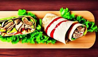 Shawarma. Doner kebab, fresh vegetables and meat. Kebab sandwich close up. photo