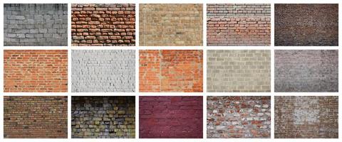un collage de muchas imágenes con fragmentos de paredes de ladrillo de diferentes colores de cerca. conjunto de imágenes con variedades de ladrillo foto