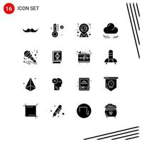 Pack of 16 creative Solid Glyphs of music mic location microphone cloud Editable Vector Design Elements