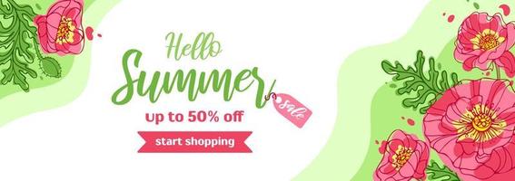 Summer sale horizontal banner. Bright modern poppies in hand-drawn style. Vector illustration for background, website, posters, flyers