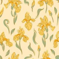 Seamless pattern of modern bright yellow iris flowers. Botanical warm hand drawn style vector illustration for nursery, wallpaper, fabric print, wrapping