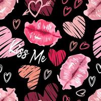 Lips in a watercolor style, hearts lettering kiss me. Daring bright youthful pattern, graffiti. On a black background. For wallpaper, printing on fabric, wrapping, background. vector