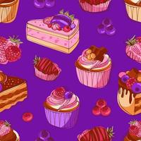 Appetizing cupcakes and cakes with chocolate, berries and caramel. Modern pattern bright vector illustration in sketch style. For wallpaper, printing on fabric, wrapping, background, cookbooks, menus.