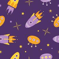 Bright childish seamless pattern. Cartoon style. Space, shuttle, ufo, stars, rockets. For nursery, wallpaper, printing on fabric, wrapping, background. In violet-yellow-orange colors. World UFO Day. vector