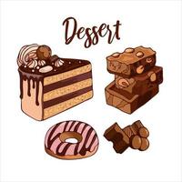 Set bright delicious milk chocolate pieces, cake, donut. Celebrate World Chocolate Day. Vector illustration of dessert food. For packaging, menu, cookbook, postcard, banner, poster.