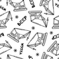 Construction machinery seamless pattern. Doodle vector illustration for boys in a scandinavian style. Lettering beep, vroom. Transport, machine, crane. For packaging, fabric, background.