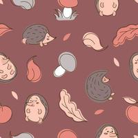 Cute seamless autumn pattern with hedgehogs, leaves, apple and mushrooms on dark background. In trendy earthy shades. For nursery, wallpaper, printing on fabric, wrapping, vector