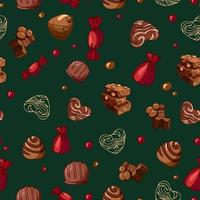 Seamless vector Christmas pattern of bright tasty pieces milk chocolate with nuts, sweets, dragees. World Chocolate Day. Dessert food illustration. Packaging, menu, cookbook, postcard, banner, poster.