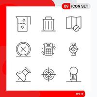 conjunto creativo de 9 iconos de contorno universal aislados sobre fondo blanco. vector