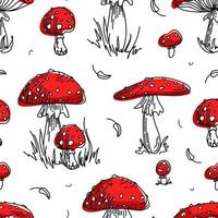 Fly agaric Amanita, non-edible poisonous mushroom. Bright Seamless pattern in sketch style. Gathering in the autumn forest. For wallpaper, printing on fabric, wrapping vector