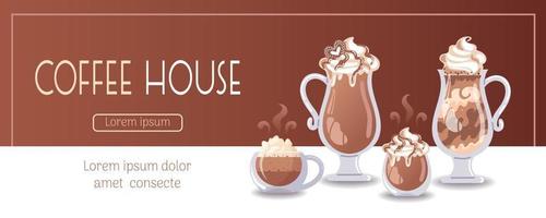 Cappuccino, latte and mocha in a glass, whipped cream. Horizontal banner for coffee shop, cafe bar, barista. Vector food illustration for banner, flyer, advertising, publicity, promo, menu