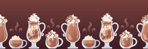 Horizontal border with different types of coffee. Cappuccino, latte, glass and mocha. Hot chocolate in a glass, whipped cream, realistic style. Vector food illustration for menu, cafe, sticker