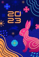 Rabbit, symbol of Chinese New Year 2023. Bright vector vintage banner in neon colors of 90s, Asian style. Flowers, abstract, Fish, dragon scales. Easter, spring. for poster, banner, flyer, advertising