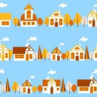 Horizontal streets with cartoon style houses. Autumn cityscape, golden trees, blue sky. For nursery, wallpaper, fabric printing, wrapping, background. vector