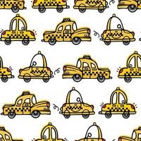 Cute cartoon yellow retro taxi drives along the road. Childrens cartoon illustration in doodle style. For boys, nursery, wallpaper, printing fabric, wrapping vector