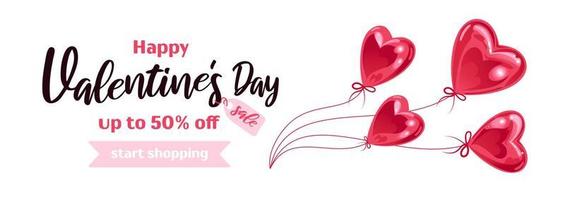 Horizontal banner for Valentines Day. Flying sparkling realistic heart-shaped balloons, bows, ribbons. On white background. For advertising banner, website, advertising flyer. vector