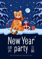 New Year party flyer. Bright vector illustration in cartoon style. Tiger, symbol of Chinese New Year 2022, Lollipop, gifts, winter, holly. For advertising banner, poster, flyer