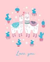 Cute vector illustration for valentines day. Animalistic concept Couple of lovers. Hearts, llamas, lettering. Love you. For postcards, posters, printing on clothes. In a flat style