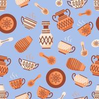 Seamless vector pattern Handmade ceramics dishes with ethnic ornaments. amphoras, vases, plate, spoon, pots and bowl with ethnic patterns. For kitchen, wallpaper, fabric, wrapping. Earthy blue tones.