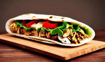 Shawarma. Doner kebab, fresh vegetables and meat. Kebab sandwich close up.