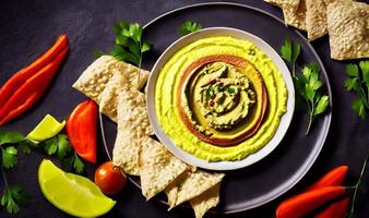 Healthy food. Traditional freshly made organic hummus. photo